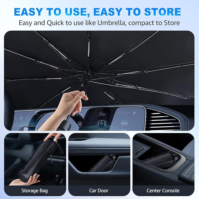 [2025 Upgrade] Car Windshield Sun Shade Umbrella - [10 Fiberglass Ribs][360° Bendable][100% Sun Block] [240T Thickened Titanium Silver ] Ice-Shield Protect Car from Sun Rays Heat Damage 57" x 31"