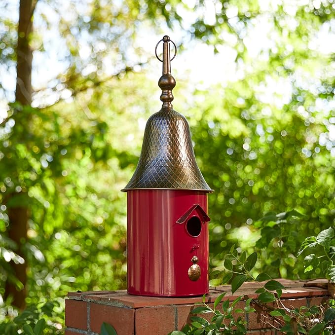 Glitzhome 24" H Metal Hanging Birdhouse for Outdoors, Farmhouse Pagoda Painted Decorative Bird House with Bell Roof for Bluebird Wren Chickadee Sparrow Bird Nest Box for Garden Patio, Retro Red