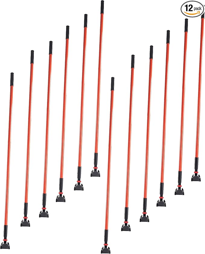 Matthew Cleaning Commercial Quick-Change Dust Mop Handle with Clip-on Metal Gripper for Heavy Duty Mop Head Replacement Holder, Fiberglass Handle 60 inch 12packs-Red