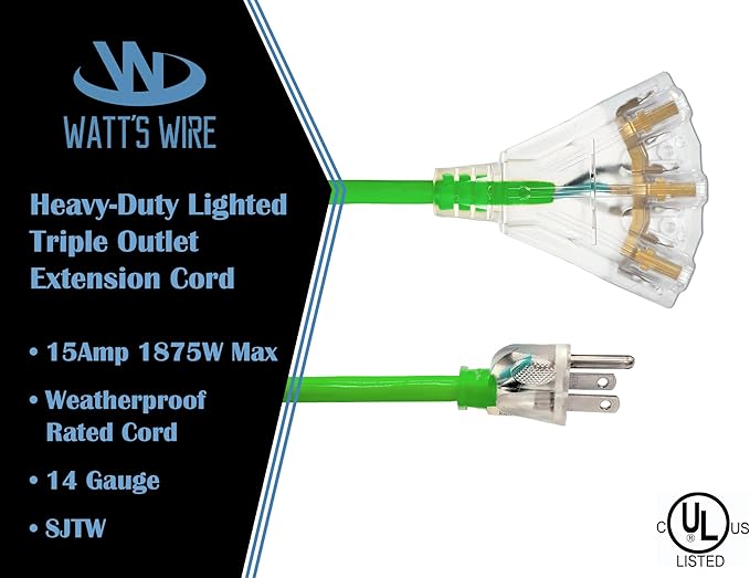 25 ft Outdoor Extension Cord Waterproof - 14 Gauge Heavy Duty Extension Cord Splitter - Lighted Outdoor Extension Cords with Multiple Outlets - Watts Wire - 25' Grounded - extensiones electricas