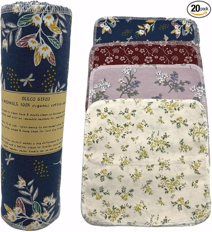 Reusable Paper Towel Rolls 20 Pack,Washable Napkin Cloth Value Set of 4 Colors 20 Pack of Paperless Towel-100% Cotton, Super Soft, Absorbent Made to Last (Floral)