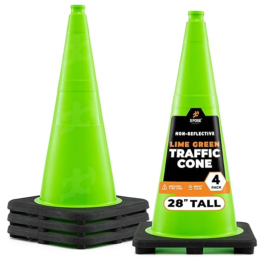 Xpose Safety 28” Lime Green Traffic Cone - 4 Pack - Premium PVC Safety Cone for Parking, Caution, Construction, Road Crews, Emergency Vehicle - MUTCD Compliant - DOT Approved