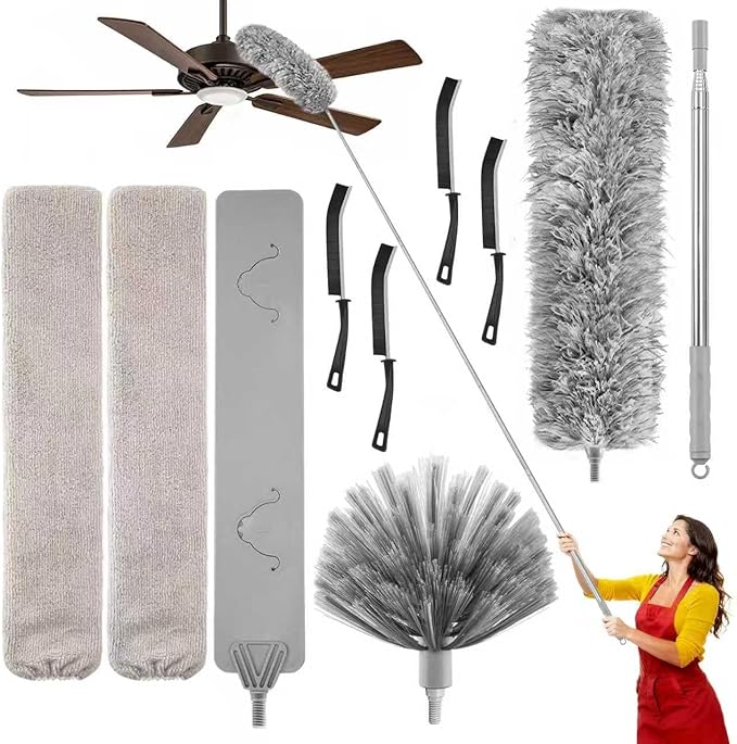 100-inch Duster with Extension Pole, 9-in-1 Cobweb Duster Kit Includes Spider Web Brush & Flat Gap Cleaner for High Ceiling, Fan, Under Appliances, Car, Home Deep Cleaning