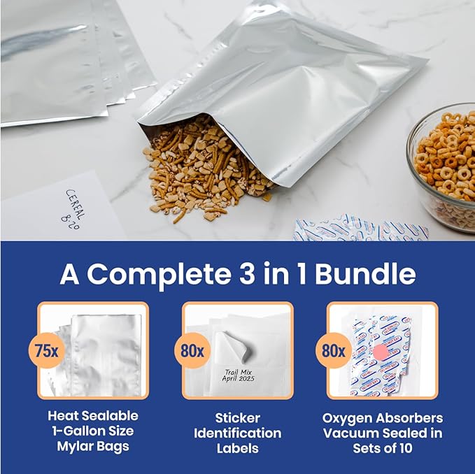 Wallaby 30 Count 1-Gallon Mylar Bags with 400cc Oxygen Absorbers, 10 Mil Total Thickness Long-Term Food Storage Pouches, 10x14 Heat-Sealable Airtight Packaging - Silver