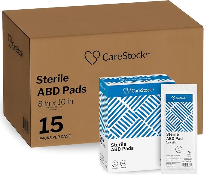 CareStock Abdominal Pad, 8 x 10 in. - Highly Absorbent Nonwoven Cellulose ABD Pads, Wound Care First Aid - Individually Packed, Sterile, 24 Count, 15 Packs, 360 Total, White