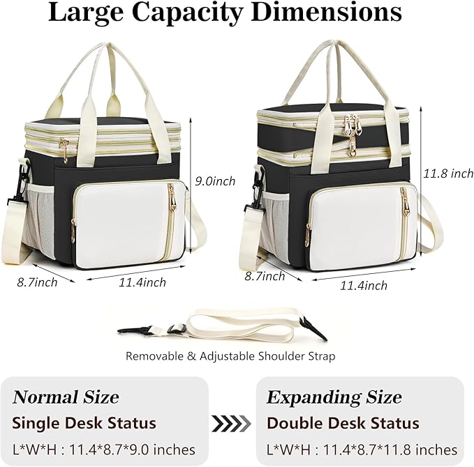 LOKASS Expandable Lunch Box for Women Men | Adult Lunchbag Cooler Tote Bag with Adjustable Shoulder Strap | Insulated Reusable Womens Lunch Bags for Work Camping Beach | 16L, Black-Polyester