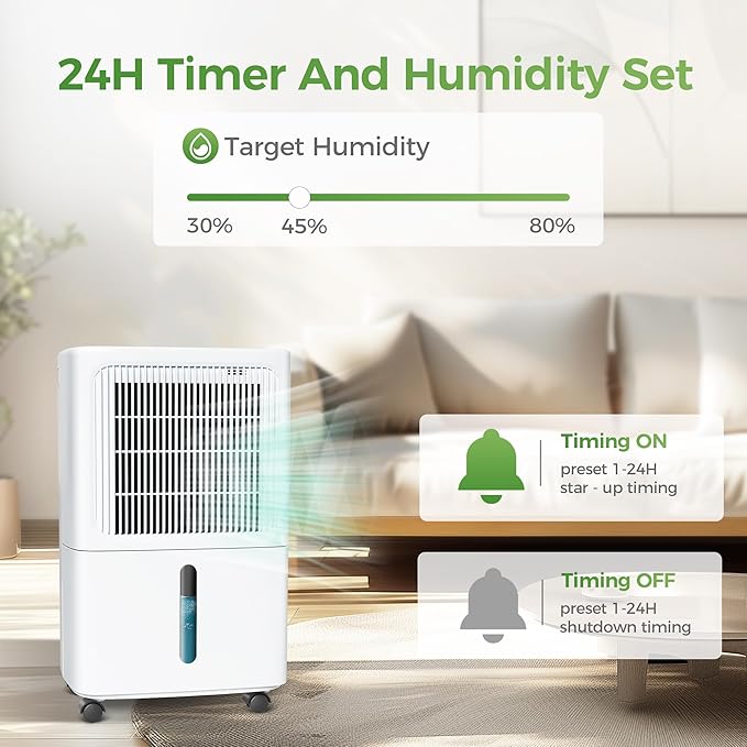 2,500 Sq Ft Home Dehumidifier with Drain Hose, 55 OZ Water Tank, 24 Hr Timer, 34 Pints High Efficiency Compressor for Basement, Bedrooms, Bathrooms and Laundry Rooms