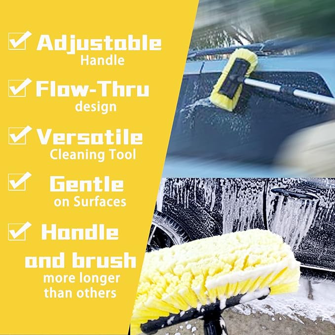 Forgrace 60 Inch Car Wash Brush with Long Handle 12" Soft Bristle Head Flow-Through Heavy Duty Tri-Level Dip Auto Car Exterior Washing Yellow