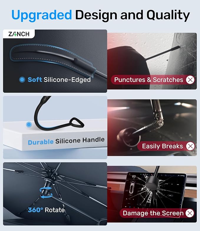 Zanch 2025 Upgraded Car Windshield Sun Shade [Cool Down by 75℉ ] with Heat Insulation Coating, Foldable Sunshade Umbrella with Flexible Handle & Ribs, XL (40''x61'') for Super Large SUV, Truck, Van
