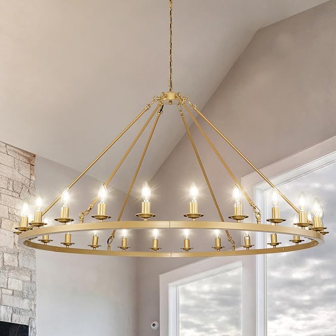 Wagon Wheel Chandeliers, 24-Light Gold Modern Rustic Large Farmhouse Chandelier Adjustable Height Light for High Ceiling Living Room, Entryways, Foyer, Dining Room, Kitchen