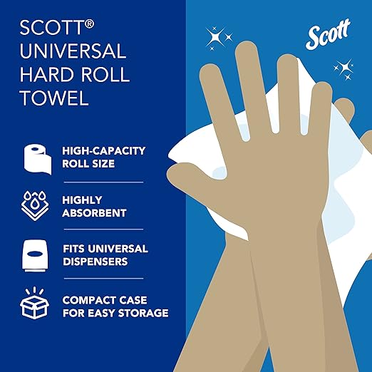 Scott Professional Essential Universal High-Capacity Hard Roll Paper Towels, Bulk (01005), Hardwound 1.5" Core, Absorbency Pockets, White (6 Rolls at 1,000' Each, 6,000'/Case)