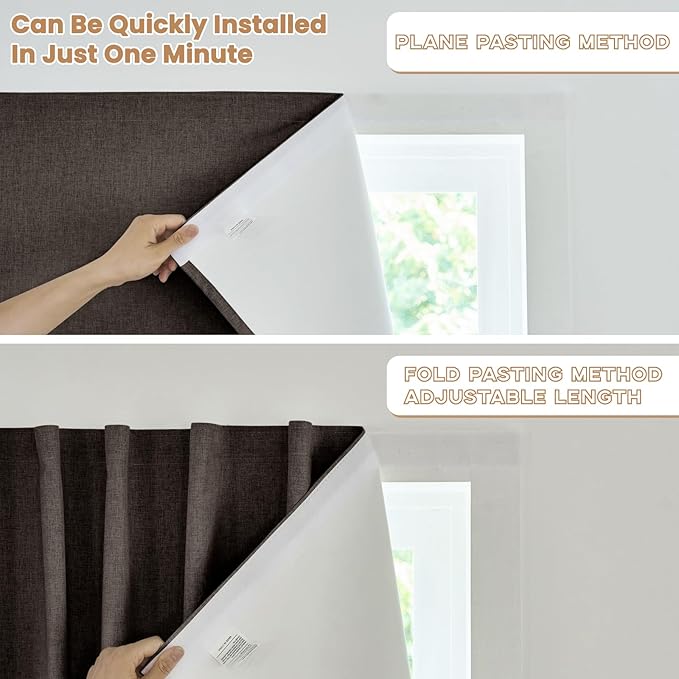 JILROIN Self Adhesive Curtains,100% Blackout Window Cover,No Drilling,Easy to Install,Provides Privacy Protection for Bedrooms (Dark Coffee - W35 × L72 in)