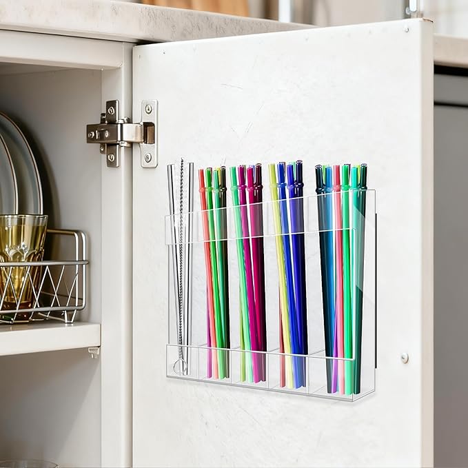 Magnetic Straw Holder Acrylic for Cabinet Reusable Organizer Dispenser 5-Grid Straw Rack Transparent Comes with 4 Double-Sided Tapes and 15 Classification Label Stickers