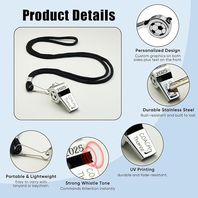 Personalized Coach Whistle with Lanyard – Custom Engraved Stainless Steel Sports Whistle with Name, Basketball Soccer Loud Referee Whistle, Customized Gift for Coaches, Teachers & Sports Fans
