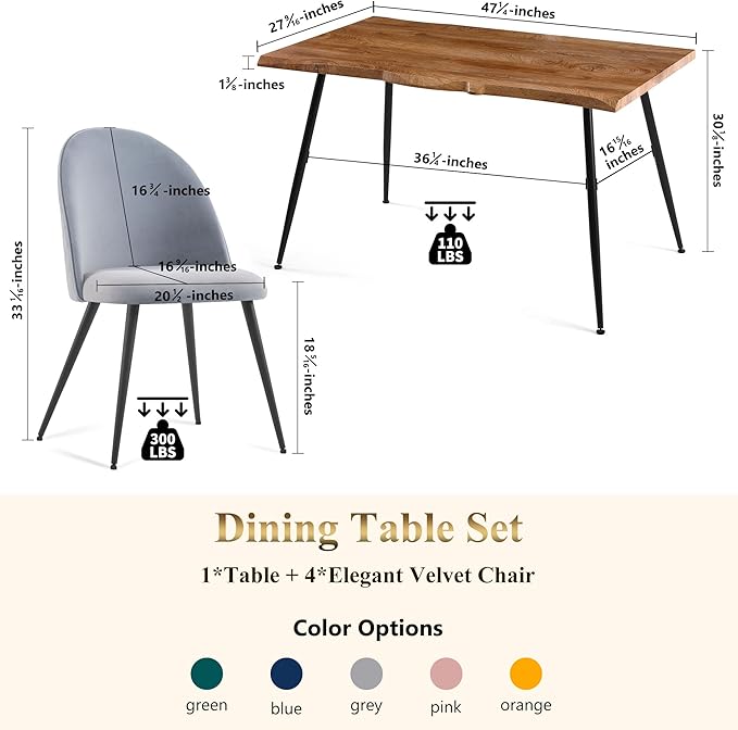 5-Pieces Kitchen Dining Table Set for 4,Unique Design Live Edge Dining Table with Thick Tabletop & 4 Grey Velvet Dining Chair Upholstered Set with Stable Metal Legs for Restaurant,Dining Hall