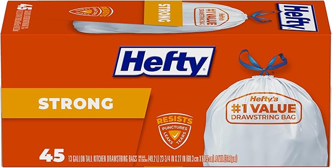 Hefty Strong Tall Kitchen Trash Bags, Unscented, 13 Gallon, 45 Count