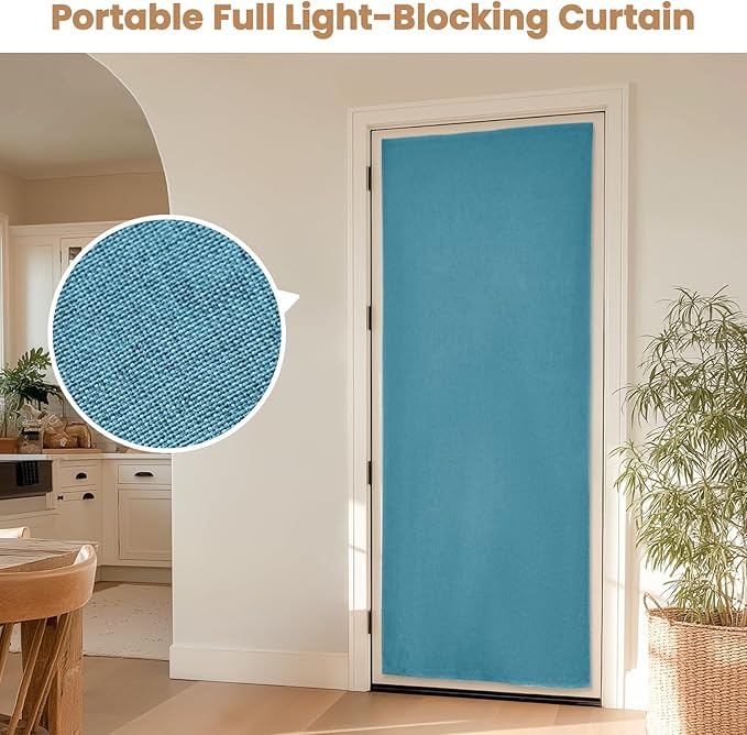 100% Blackout French Door Curtain,Adhesive, No Drilling Required,Small Curtains Designed for Installation On Doors (Stone Blue - W25 × L72 in)