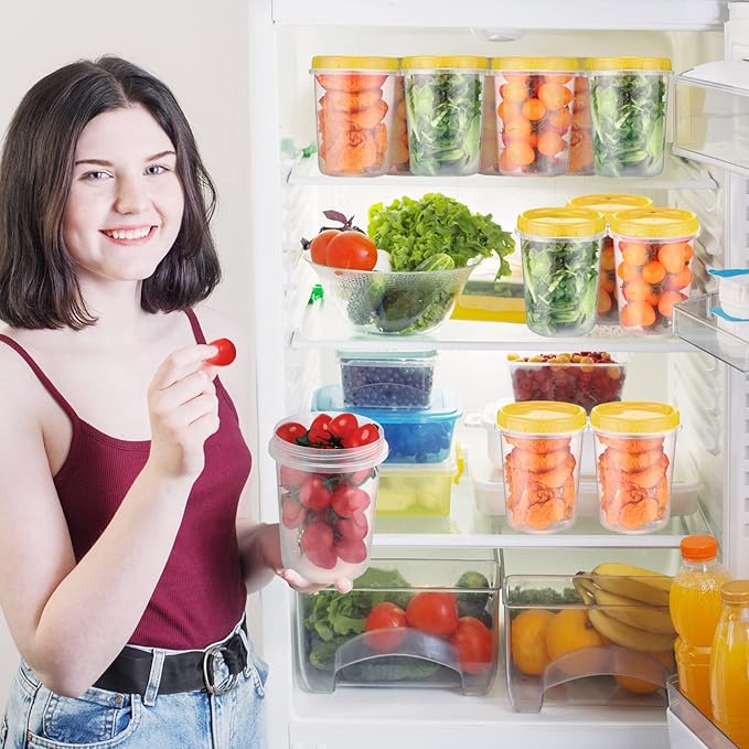 24 Pcs 32 oz Food Storage Freezer Container with Twist Top Lids Reusable Plastic Soup Food Containers with Screw on Lids Leakproof Round Containers for Juice Condiments Fruit Snacks Leftovers(Yellow)