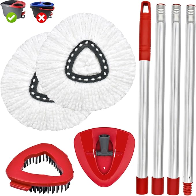 Spin Mop Handle, Mop Replacement Head,Brush,Base Compatible with OCedar EasyWring 1 Tank,2 Microfiber Mop Refills,1 Mop Base,1 Brush and 30-58" Mop Handle Combo Set for OCeda,Use for Floor Cleaning