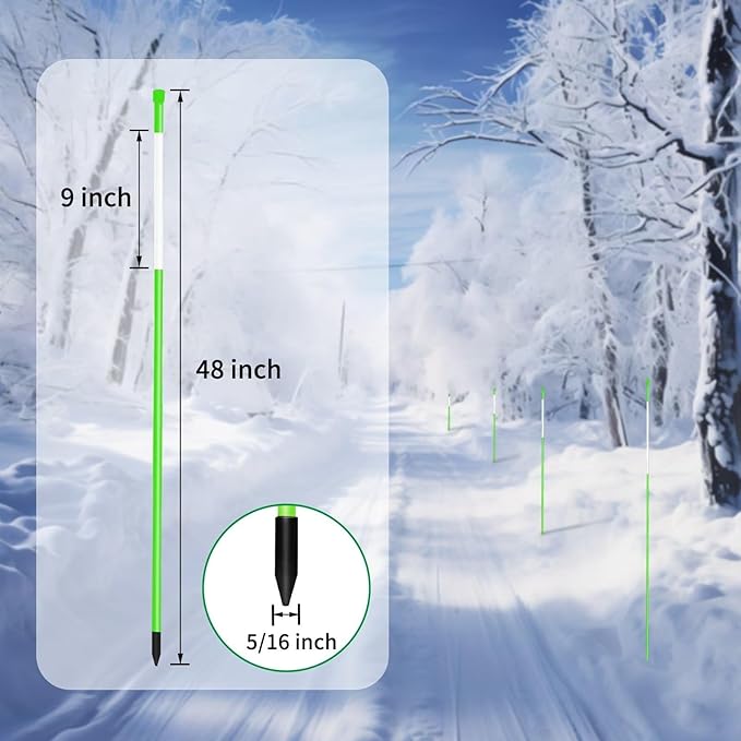 Growsun Driveway Marker 48 inch Green Fiberglass 5/16 inch Dia Snow Fence Reflective Plow Stakes for Yard Walkways Parking Lots Safety Rods Edge, 100 Pack
