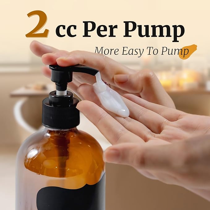 PrettyCare Set of 2 16oz Amber Glass Bottles with Black Pumps - Leak-Proof, Refillable Empty Dispenser for Shampoo, Conditioner & Thick Liquids - with Waterproof Labels