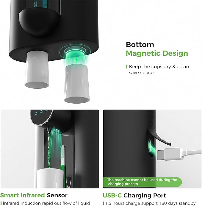 Oylik Automatic Mouthwash Dispenser 18.26 oz Touchless Mouthwash Dispenser for Bathroom 2 Magnetic Cup USB Rechargeable and 3 Dispensing Levels with Led Screen Wall-Mounted or Countertop Use-Black