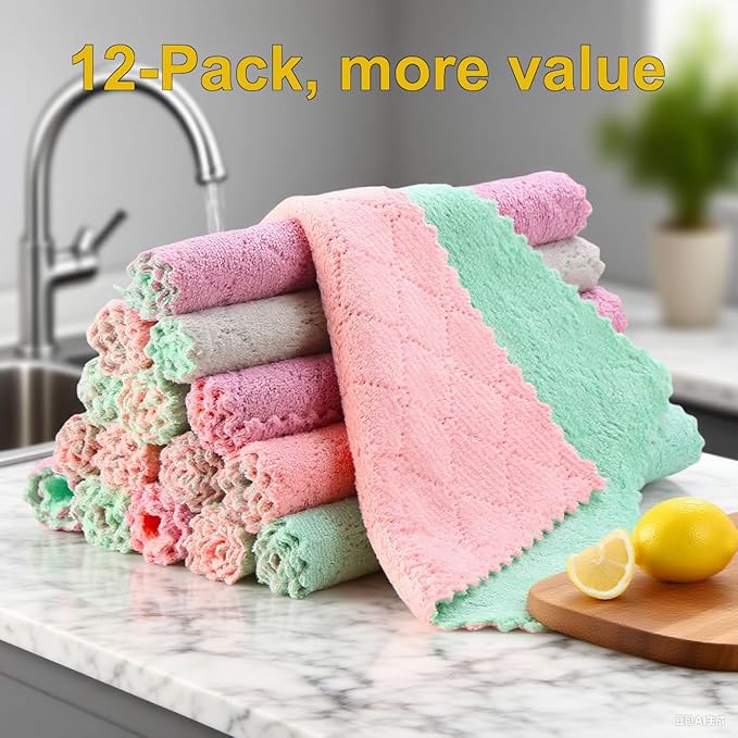 12-Pack Premium Coral Fleece Microfiber Cleaning Cloths, 10"x10" - Streak-Free & Lint-Free, Multipurpose Rags - Assorted Gray, Purple & Pink Towels for Home, Kitchen, Glass & More