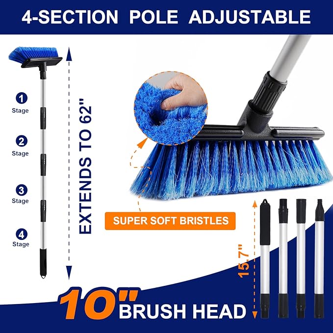 62" Car Wash Brush Mop with Long Handle, 10" Soft Bristle Scrub Scratch-Free Car Cleaning Brush Supplies Broom Kit for RV Boat Truck SUV, House Siding, Snow, Floors, Extension Aluminum Alloy