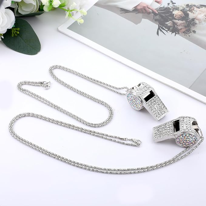 2 Pack Bling Rhinestone Whistles with Lanyard, Metal Whistle Emergency Sports Whistle, Accessories Loud Crisp Sound for Coach Captain Referee Teacher