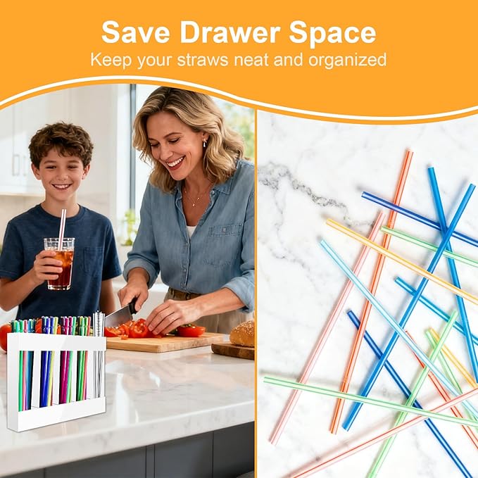 Straw Holder Acrylic for Cabinet Reusable Organizer Dispenser 5-Grid Straw Rack Comes with 8 Double-Sided Tapes and 15 Classification Label Stickers (White)