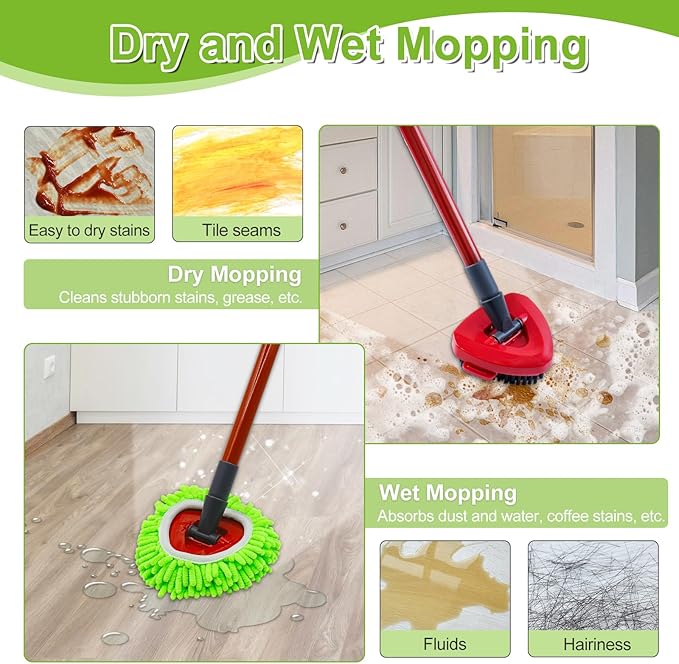 Spin Mop Head, Base, Scrub Brush, Handle Replacement for O-Cedar RinseClean 2-Tank System, Includes 2 Chenille Mop Refills, 4-Section Handle Pole, 1 Scrubber Head, 1 Triangle Base Cover for Ocedar