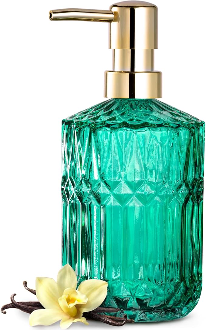 EMPO Clear Glass Soap Dispenser with ABS Plastic Pump, Crystal Lotion Dispensers for Kitchen Sink, Bathroom (Vintage Jade)