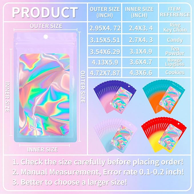 200 Pack Resealable Mylar Holographic Bags Food Storage Smell Proof Bags with Front Window Foil Packaging Pouch for Candy Sample Jewelry Small Business 3.54×6.29 Inch, Pink Fade Blue