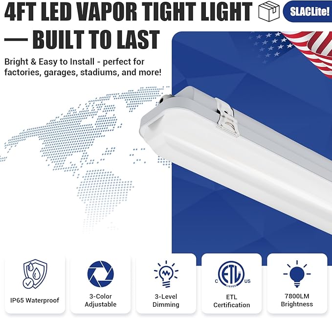 4FT LED Vapor Tight Light 60W/50W/40W,4000K/5000K/6000K CCT Selectable 7800lm (150W Eq.) IP65 Waterproof Outdoor Shop Light LED Vapor Proof Fixture for Car Wash, Parking Lot, Garage 1-Pack