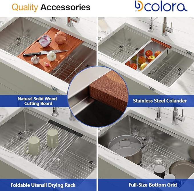 Dcolora 30 Inch Undermount Kitchen Sink Workstation 16 Gauge 304 Stainless Steel Large Single Bowl Under Counter Sinks, Round Corner 30"x19"x10", DC-U7702