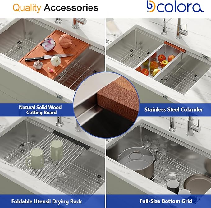 Dcolora 33 in. Undermount Single Bowl Workstation Stainless Steel Kitchen Sink 16 Gauge 304 Handmade Welding with Accessories, Round Corner 33"x19"x10" #DC-U7701
