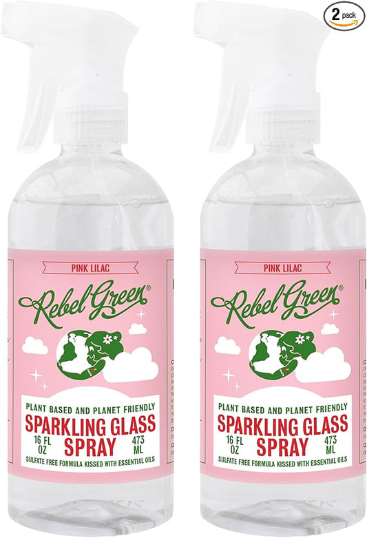 Rebel Green Sparkling Glass Spray - Streak-Free Natural Glass Cleaner for Windows, Mirrors, and Surfaces - Pink Lilac Scent - 16 oz - 2 Pack