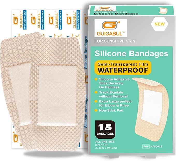 Silicone Adhesive Bandages for Elderly Sensitive Skin - Painless Removal 2''x4'' Extra Large 15 Counts Waterproof and 15 Counts Flexible Fabric Bandages by G+ GUIGABUL - Hypoallergenic - Latex Free