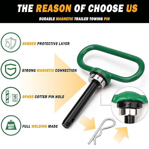 2 Packs Magnetic Hitch Pin, Lawn Mower Trailer Hitch Pins 1/2 Inch with Handle and Clip, Trailer Gate Pin for Mowers, Tractor Truck, Towing Cargo, ATV - Simple One Handed Hook On & Off（Green