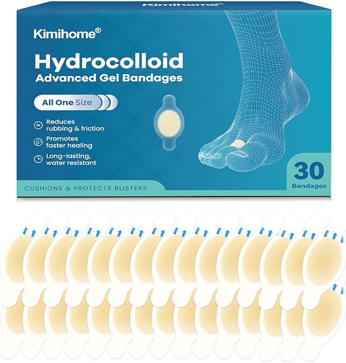 Hydrocolloid Blister Bandages for Feet - 30ct Gel Blister Bandages - Blister Cushions for Heel, Toe - Blister Prevention for Travel - Water Resistant Bandages Pads (Toe Pack)