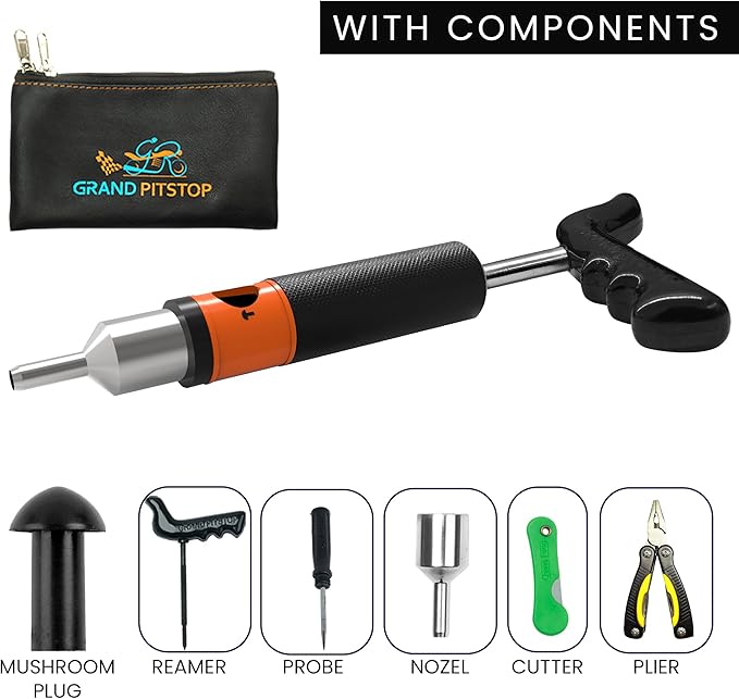 GRAND PITSTOP 21 Pcs Tubeless Tire Plugger Repair Kit with Multi-funcional Plier for Punctures and Flats on Cars, Motorcycles, ATV, RV, SUV, Trailer, Trucks & Tractors (15 Mushroom Plugs)