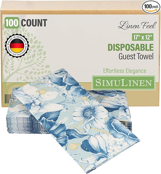 SimuLinen Blue Garden Floral Disposable Hand Towels for Bathroom, Single-Use Linen-Feel Guest Towels, Hand Tissue Paper, Cloth-Like Paper Napkins, Pack of 100