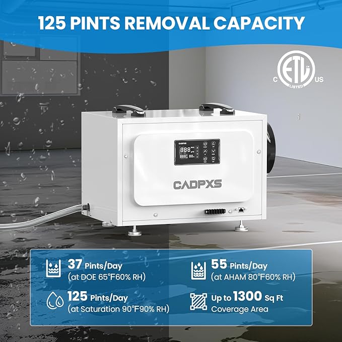 CADPXS Crawl Space Dehumidifier, 125 Pints Commercial Dehumidifiers with Drain Hose, Dehumidifier for Crawlspace, Basements & Water Damage Use, Auto Defrost & Memory Restart, cETL Listed