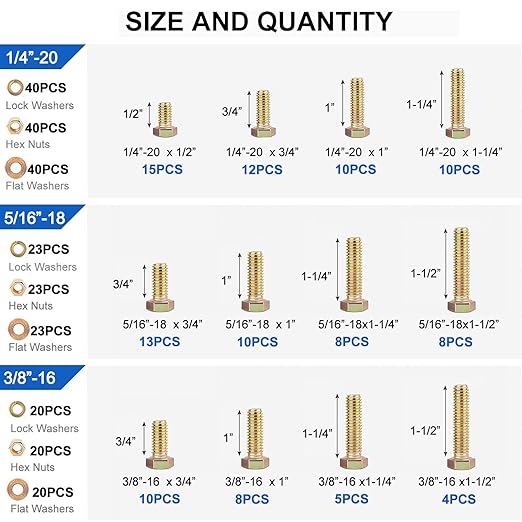362PCS Haespot 5 to 8 Grade Alloy Steel Heavy Duty Bolt and Nut Assortment Kit, Corrosion-Resistant and Durable,1/4"-20，5/16"-18，3/8"-16 SAE Hex Bolt, Multi-Size, Professional Storage