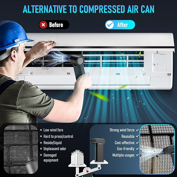 Electric Air Duster - Vacuum 2 in 1 & Cordless 6000mAh Mini Turbo Fan Blower, Keyboard Computer Car Cleaner, Replaces Compressed Air Can, Black(300000RPM)