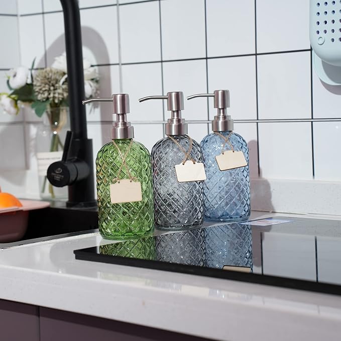 16 Oz Soap Dispenser with 304 Rustproof Stainless Steel Pump, Kitchen, Bathroom Soap Dispenser， Refillable Liquid Glass Soap Dispenser for Hand Soap, Soap, Lotion. (Green)
