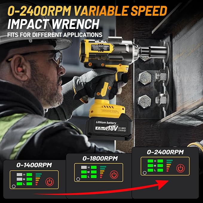 1000Nm(738ft-lbs) Cordless Impact Wrench 1/2 inch, High Torque Brushless Impact Gun w/Two 4.0AH Battery, with Storage Case, Electric Impact Wrench for Car Truck, RV/Mower