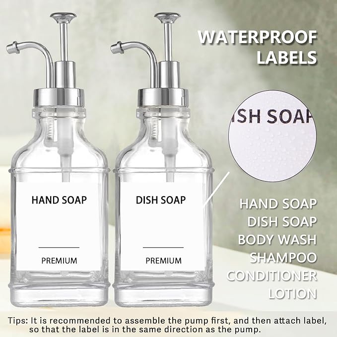 Dish Soap Dispenser for Kitchen, Hand Glass Soap Dispenser Set with Pump, Funnel for Bathroom, Shower, Laundry, Liquid, Lotion (Silver 2 Pack 18 Oz Clear Bottles with 12 Stickers)
