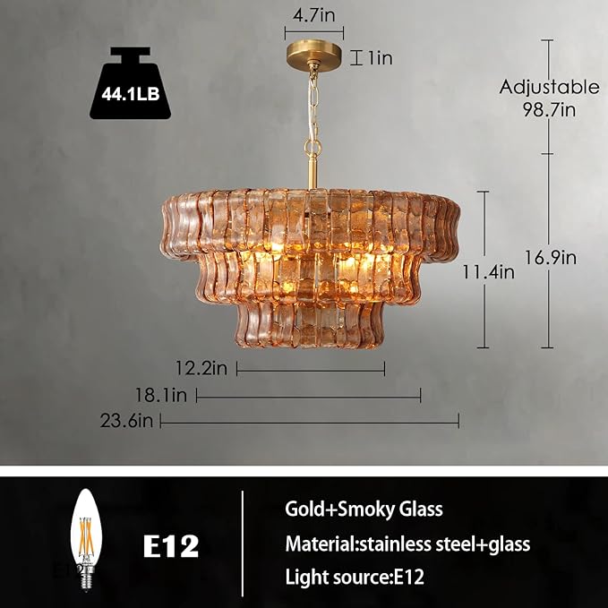 Modern Amber Glass Chandelier，23" Gold Round Chandelier for Dining Room, 4-Light Round Drum Kitchen Island Hanging Light Fixture Perfect for Living Room, Bedroom,Kitchen, Foyer