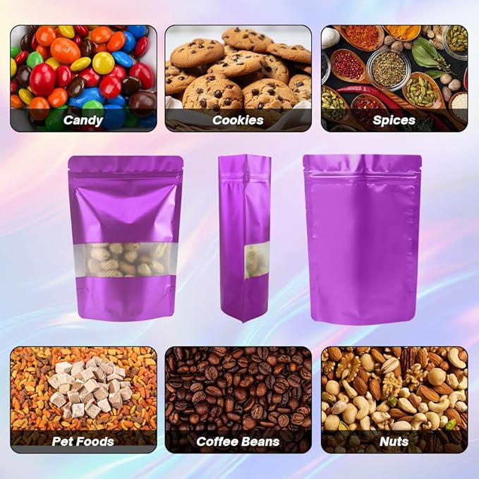 Purple Smell Proof Packaging Bags,Mylar Clear Bags for Food Storage,Sealable Bag for Packaging,Stand Up Pouches with Window,ReSealable Bag for Small Business,Cookies,Candy